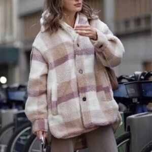 H&M Plaid Pastel Colors Faux Shearling Jacket Lined Warm Size S